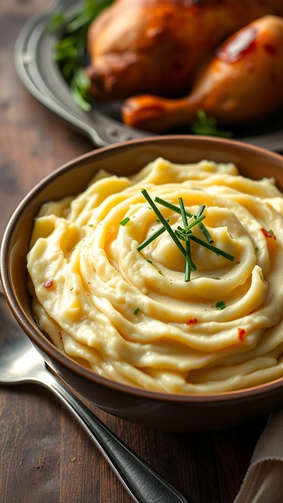 Creamy mashed red potatoes garnished with chives in a rustic bowl on a wooden table.